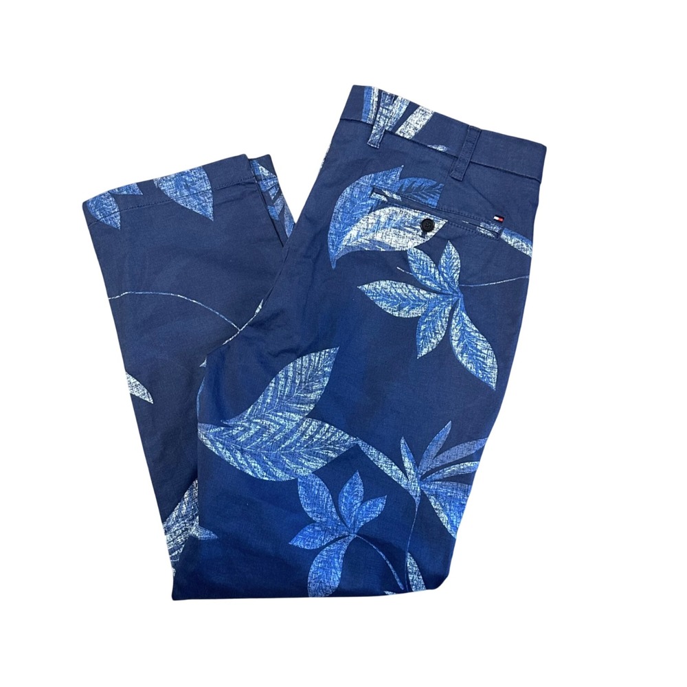 Tommy Hilfiger Chino Pants Mens 38x30 Blue Excellent Tropical Leaf Print Stretch